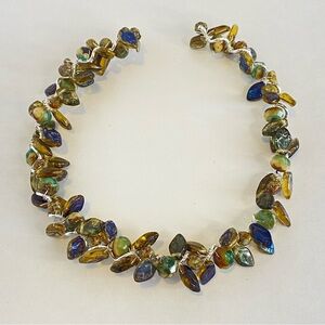 Boho Glass Leaf Bead Necklace Artisan Wire Wrapped Multicolor Open Collar Gift